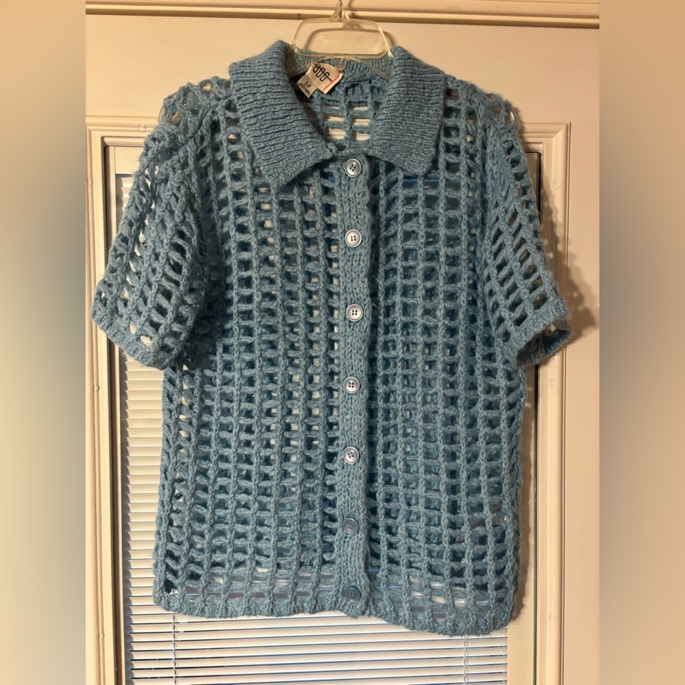 BDG Sky Blue Chunky Crochet Button-Up Top - Picture 6 of 6